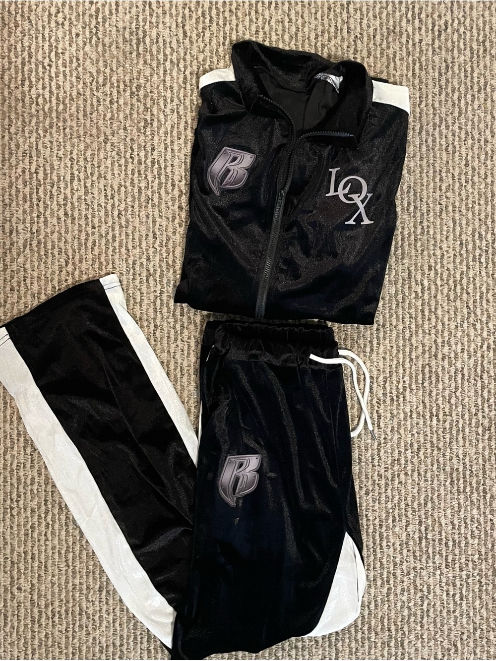 Black and White LOX Ruff Ryders light velour Jacket & Pants Set size Medium new